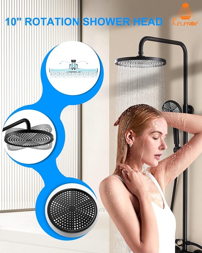 Outdoor Shower Fixture,3 Functions Handle Tub Rainfall Shower Faucet Sets with Dial Thermometer Brass Valve, Exposed Shower System with 10'' Rainfall Shower Head Adjustable (Matte Black)