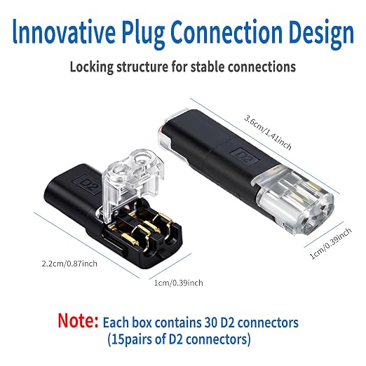 Double Wire Plug in Connector, 30 Pack, 18-22 AWG, 2Pin Lock Strip Connector - Image 4