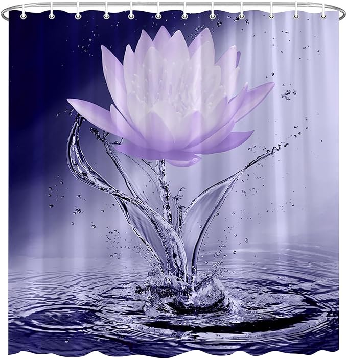 Lotus Shower Curtain Black White Violet Flower Elegant Blooming Floral with Dew Spring Flower Reflection on Water Modern Romantic Polyester Fabric Bathroom Decor 36×70 Inch with Hook