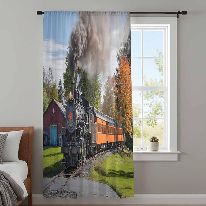 Steam Train Sheer Curtains 63 Inch Length Railroad Country Barn Rustic Trees - Image 4