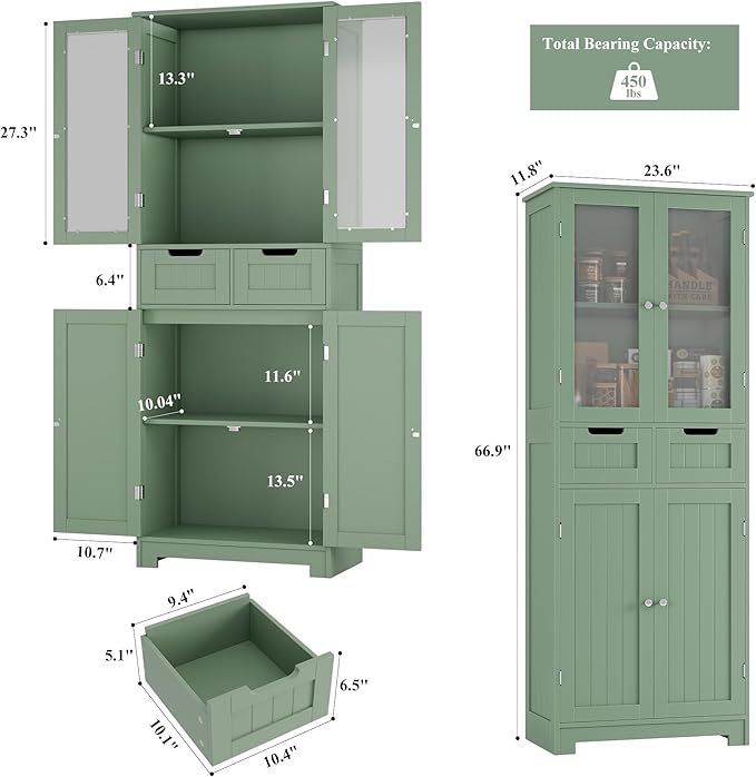 HORSTORS 67" Tall Bathroom Storage Cabinet, Freestanding Storage Cabinet with Glass Door and Shelves, Kitchen Pantry Linen Cabinet with 2 Drawers for Bathroom, Living Room, Dining Room, Green