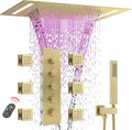 Multi Full Body Thermostatic Luxury Spa Shower System And 14x20 Inch LED 4 Functions Faucet Set, Rainfall Spray Waterfall Can Be Turned On Simultaneously,Brushed Gold