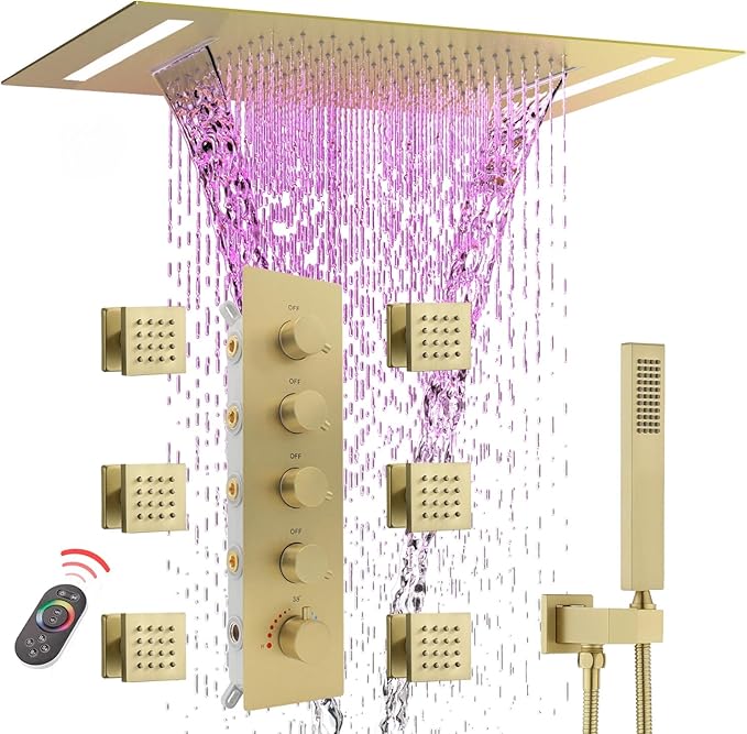 Multi Full Body Thermostatic Luxury Spa Shower System And 14x20 Inch LED 4 Functions Faucet Set, Rainfall Spray Waterfall Can Be Turned On Simultaneously,Brushed Gold
