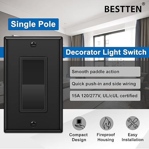 BESTTEN 10 Pack Single Pole Decorator Wall Light Switch with Wallplate, 15A 120/277V, On/Off Rocker Paddle Interrupter, UL Listed, Black