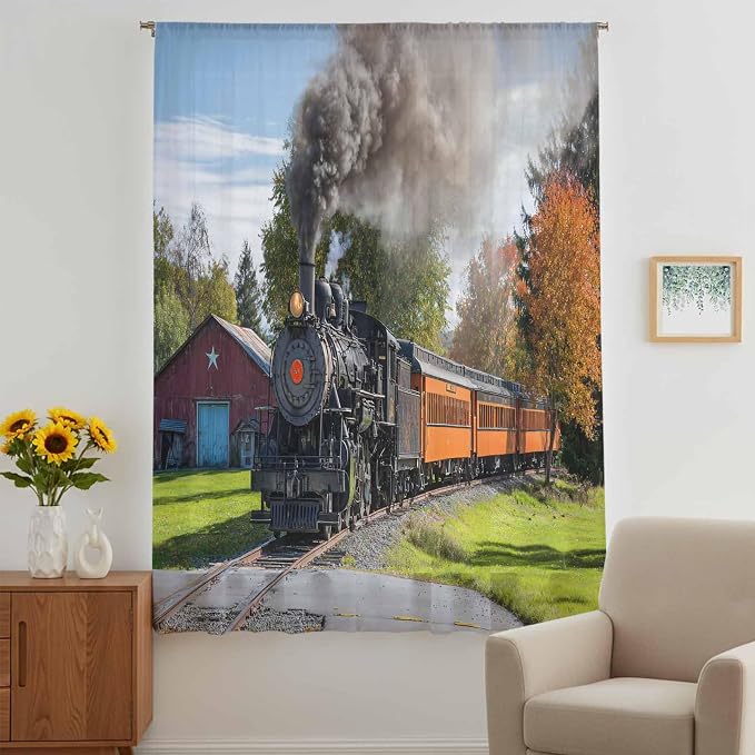 Steam Train Sheer Curtains 54 Inch Length Railroad Country Barn Rustic Trees - Image 5