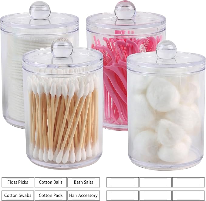 3 Pack Plastic Cotton Swab Ball Pad Holder,Acrylic Qtip Holder,Bathroom Canisters Apothecary Jar Set, 10 oz