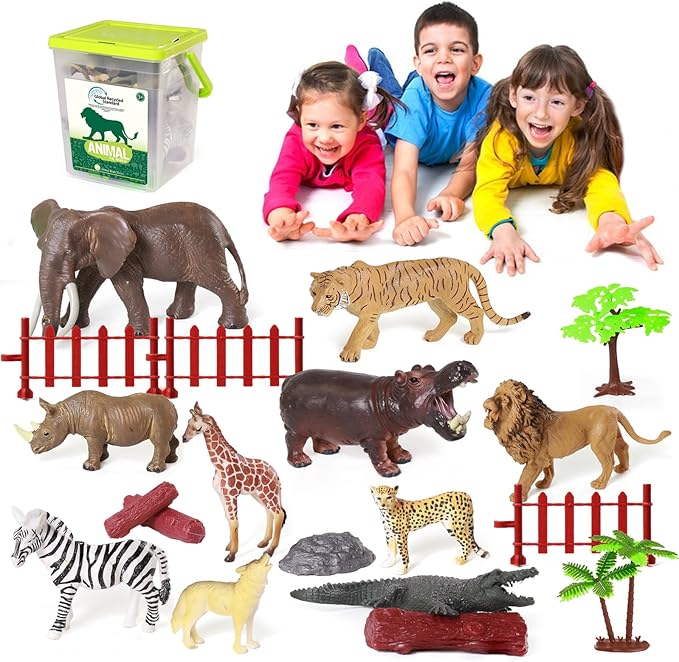 10 Big Realistic Safari Animal Toys for Kids 3-7, Jungle Figures Set with 12 Accessories & Storage Bucket, Educational Plastic Toys