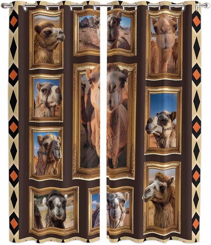 2 Panel Kitchen Cafe Curtains, Wildlife Camels Sunlight Filtering Nature Air by Hokiten