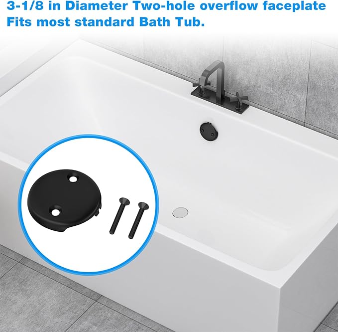 Tub Drain Overflow Cover Black- 3-1/8" Two Hole Bathtub Drain Overflow Cover with Screw Fits Most Standard Bath Tub Drains (Two Hole Bathtub Drains Cover)