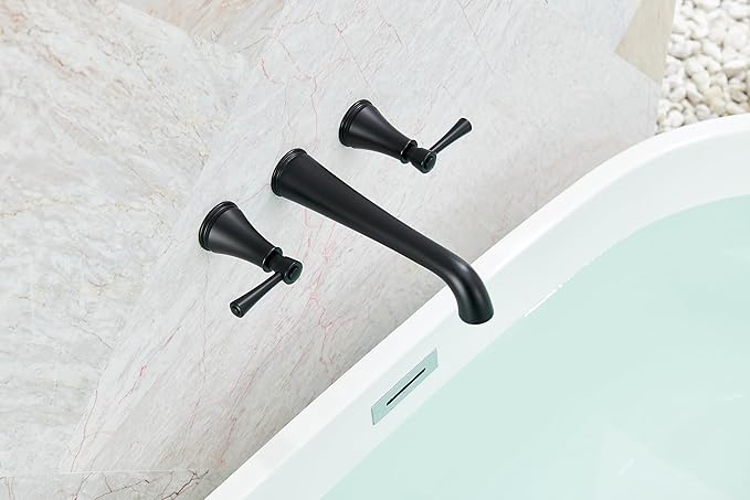 SITGES High Flow Matte Black Wall Mount Bathtub Faucet with Two Level Handles, Extra-Long 10.5" Spout Reach Solid Brass Wall Tub Filler with Rough-in Valve Included