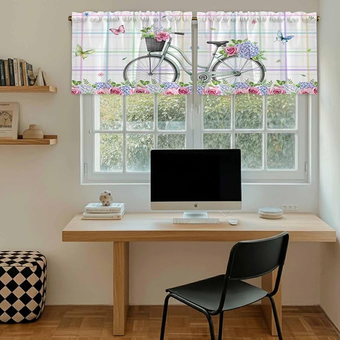 Spring Tier Curtains, Bicycles Botanical Leaves Rose Colorful Stripes Light - Image 6