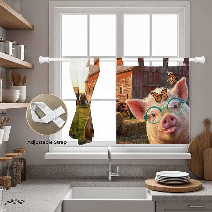 Farm Pig Kitchen Curtains 24 Inch Length, Small Window Curtains Tab Top - Image 5