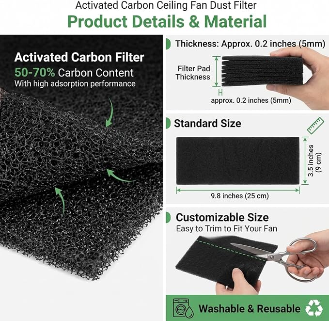 GOOGO Ceiling Fan Filters for Blades, 10 Pack Reusable Fan Blade Air Filter Pads - Image 5