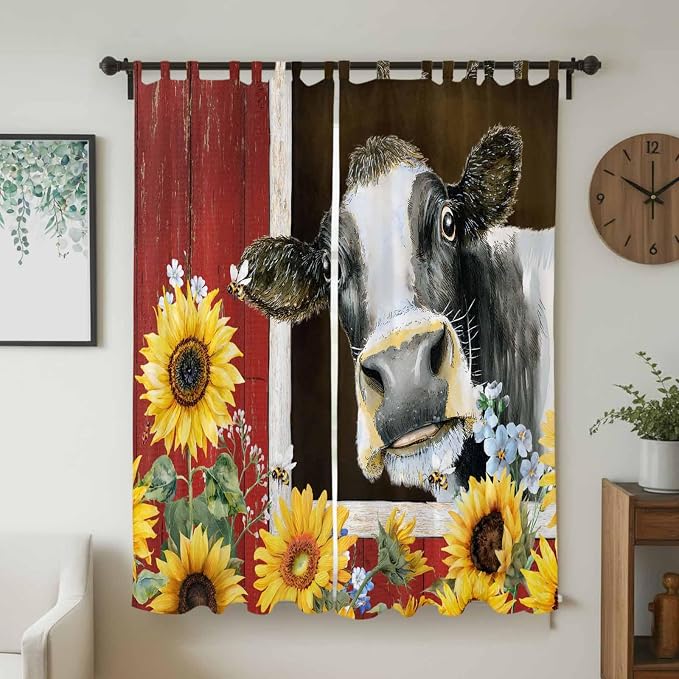 Cows Sunflowers Living Room Curtains 84 Inch Length, Window Curtains Tab Top - Image 2