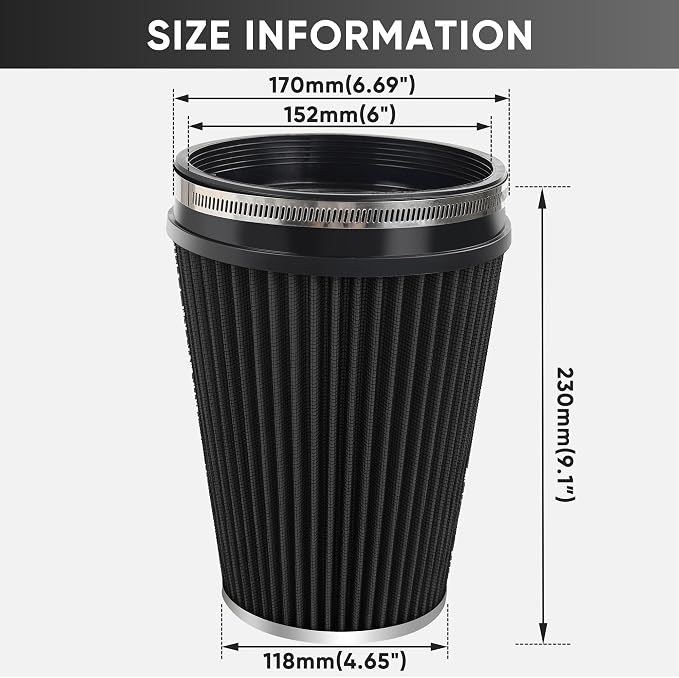 6" 152mm Cold Air Intake Filter Clamp-On Replacement High Flow Inlet Air Filter - Image 2