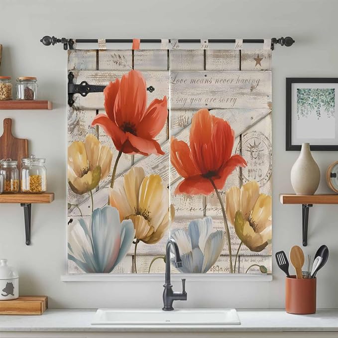 Retro Floral Bathroom Curtains 63 Inch Length, Window Curtains Tab Top - Image 3