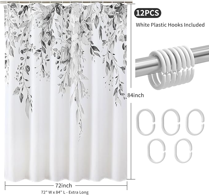 Colorful Star Grey Eucalyptus Waterproof Shower Curtain Set with Hooks, Minimalist Watercolor Floral Print Bathroom Décor, Plant Leaves Washable Fabric Shower Curtain, 72 x 84 Inch