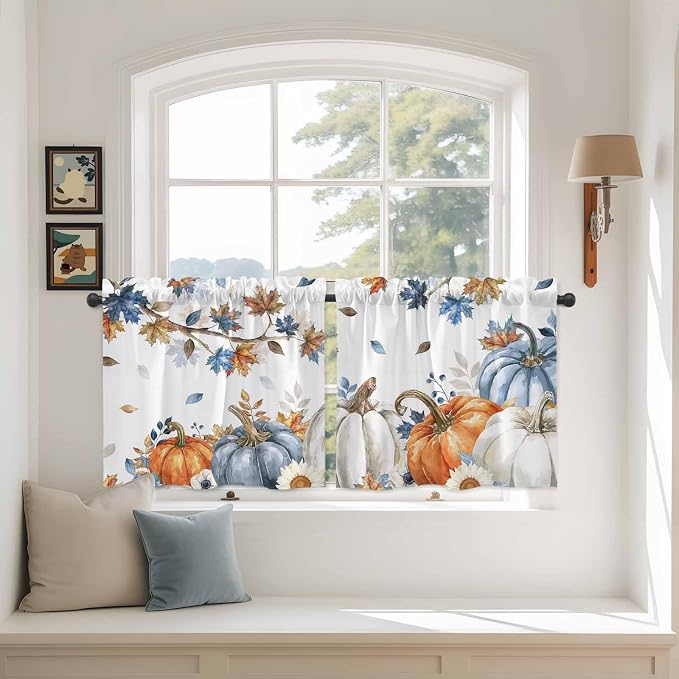 Navy Blue Pumpkin Fall Kitchen Tier Curtains 24 Inch Long 2 Panel Set, Rod by Unknown
