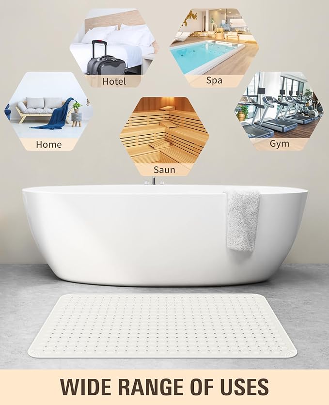 Yolife Extra Large TPE Shower Mat, 47.2" L x 31.5" W Anti Slip Bath Mat with Drain Holes and Suction Cups, Large Size Mat More Suitable for Shower Stall, No Odor, Heavy Mat (White, 47.2" x 31.5")