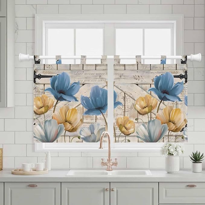 Blue Yellow Tulips Kitchen Curtains 36 Inch Length, Small Window Curtains Tab - Image 3