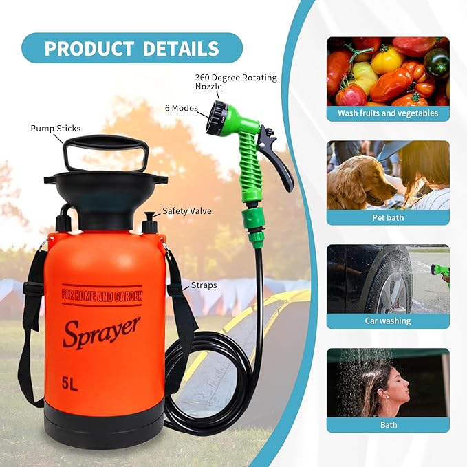 Portable Shower Orange 5L with 7 Spray Modes, Hand Press with Removable Hose and Shower Head