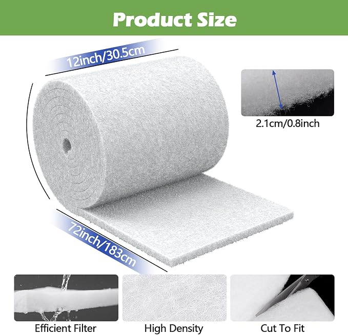 Classic Pond Filter Pad Media 12"x72"x1", 6 Ft² White Thicker Reusable - Image 2