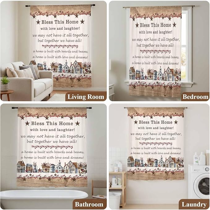 Farmhouse Sheer Curtains 108 Inch Length Country Star Barn Berry Brown Wood - Image 7
