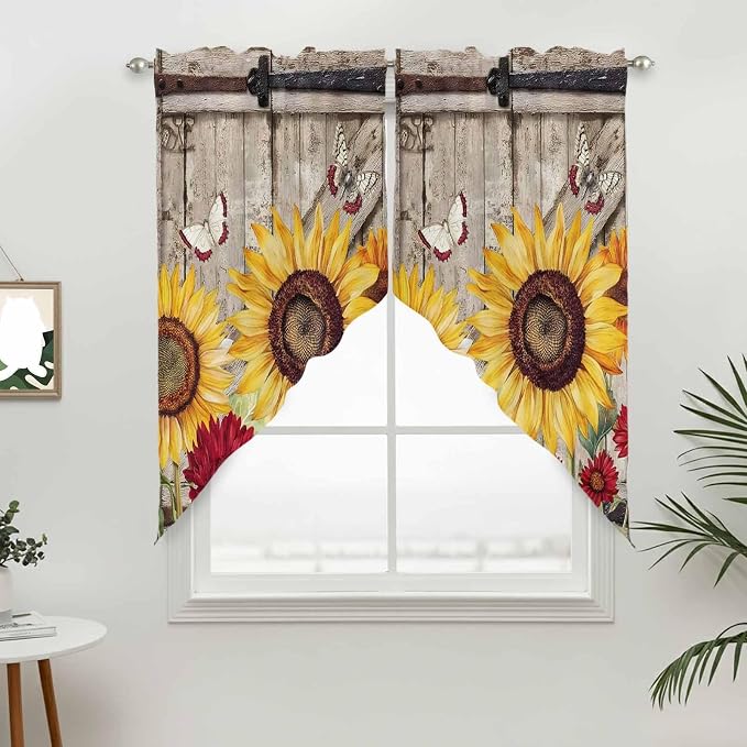 Sunflowers Swag Valances for Windows, Retro Flower Barn Doors Butterfly - Image 3