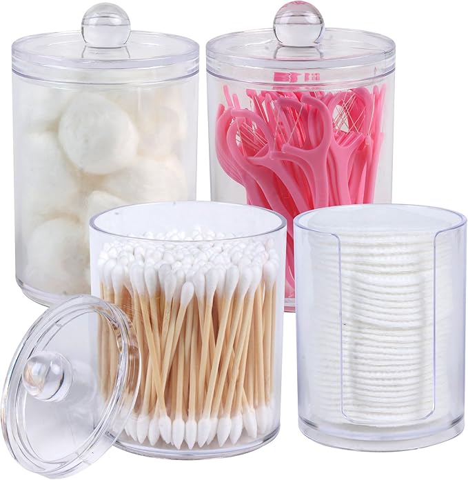4 Pack Acrylic Qtip Holder Dispenser,Bathroom Canisters Apothecary Jar Set, Bathroom Organizers and Storage,10 oz with 1Gap