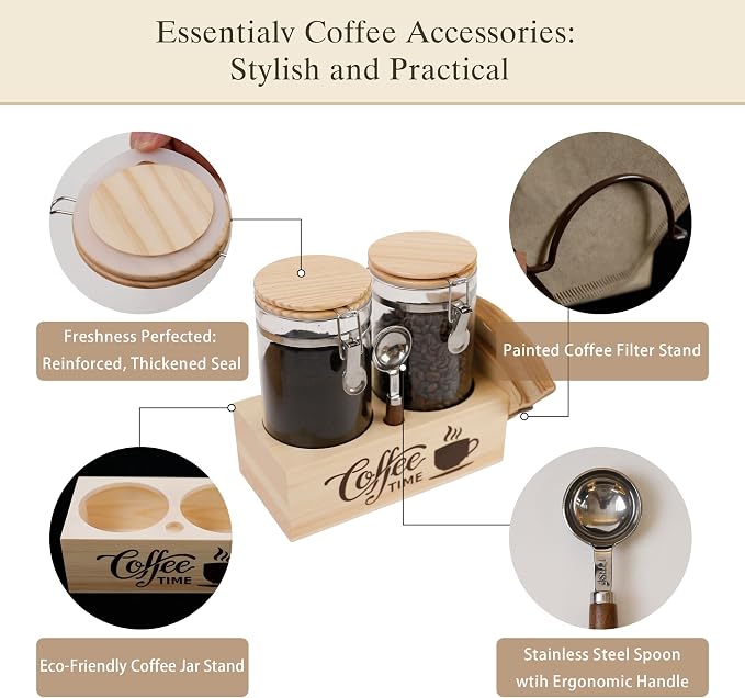 Glass Coffee Canister Set with Shelf & Spoon 2 Piece Coffee Containers - Image 4