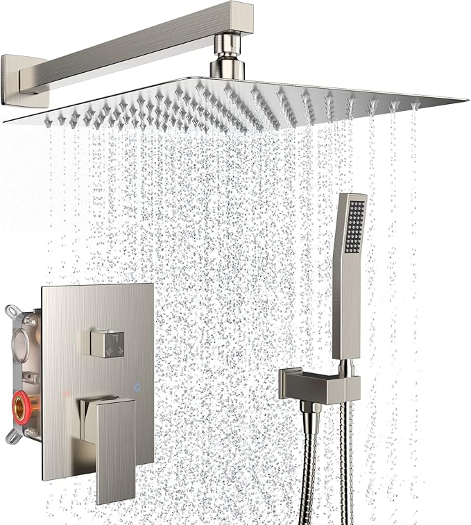 Rain Shower System 12 Inches Shower Head with Handheld Combo Set for Bathroom,High Pressure Rainfall Shower Faucet Set Wall Mounted,Rough-in Valve and Trim Kit(Brushed Nickel)