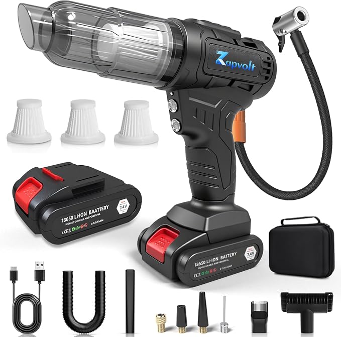 2 in 1 Cordless Car Vacuum and Air Compressor, 5000PA Powerful Suction & 150PSI by Zapvolt