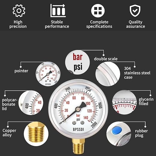 0-2000 Psi Glycerin Liquid Filled Hydraulic High Pressure Gauge, 2.5" Dial Size - Image 3
