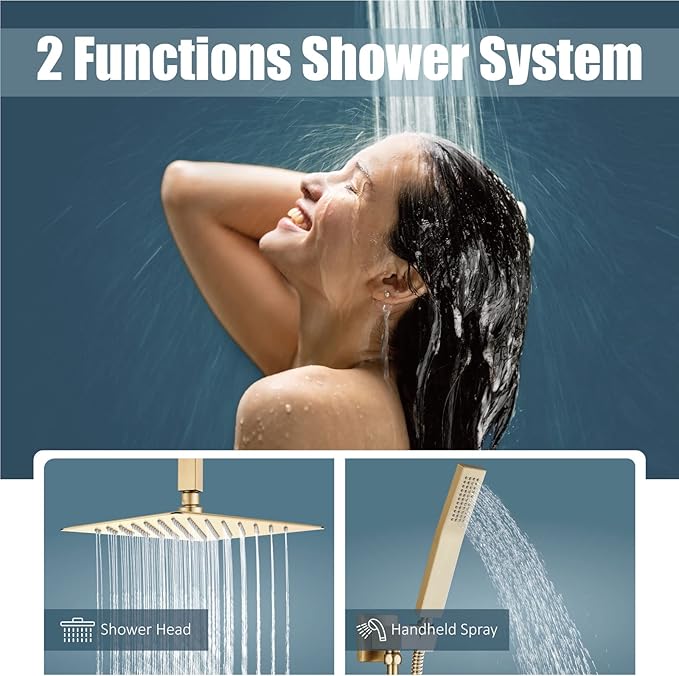 Aolemi Ceiling Mount Shower System Rain Shower Head with Handheld Spray High Pressure Shower Faucet Set Rough-in Valve Shower Trim Kit Included Bathroom Brushed Gold 10 Inch Ceiling Shower Head
