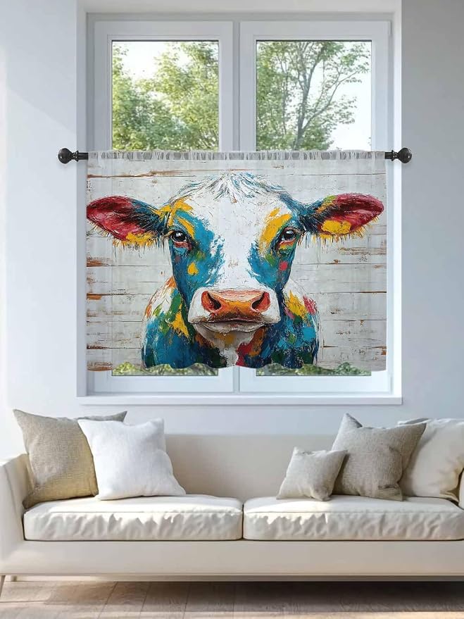 Sheer Curtains 45 Inch Length, Rustic Cow Semi Sheer Curtains Light Filtering - Image 4