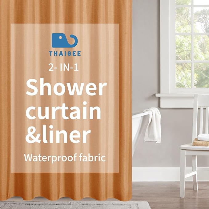 2-in-1 Waterproof Fabric Shower Curtain or Liner,Linen Textured,Breathable TPU & Washable Bathroom Shower Curtain Set with 12 Plastic Hooks,Modern,72"x72" Orange