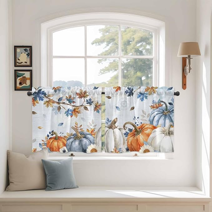 Fall Blue Maple Kitchen Tier Curtains 36 Inch Long 2 Panel Set, Rod Pocket Half by Unknown