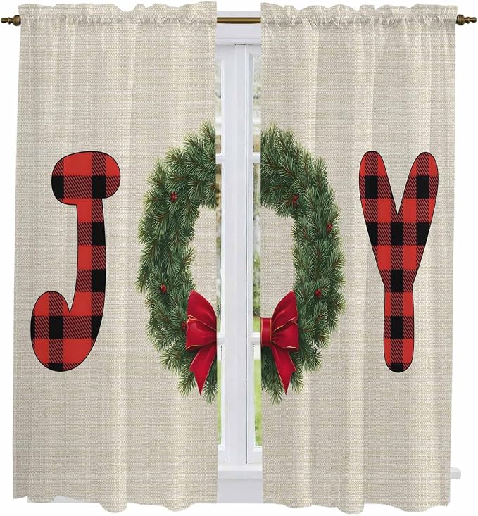 Red Green Christmas Window Curtains 63 Inch Long 2 Panel Set, Rod Pocket - Image 2