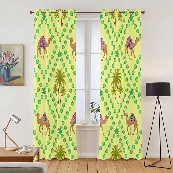 2 Panel Kitchen Cafe Curtains, Desert Sand Camels Sunlight Filtering Nature Air - Image 2