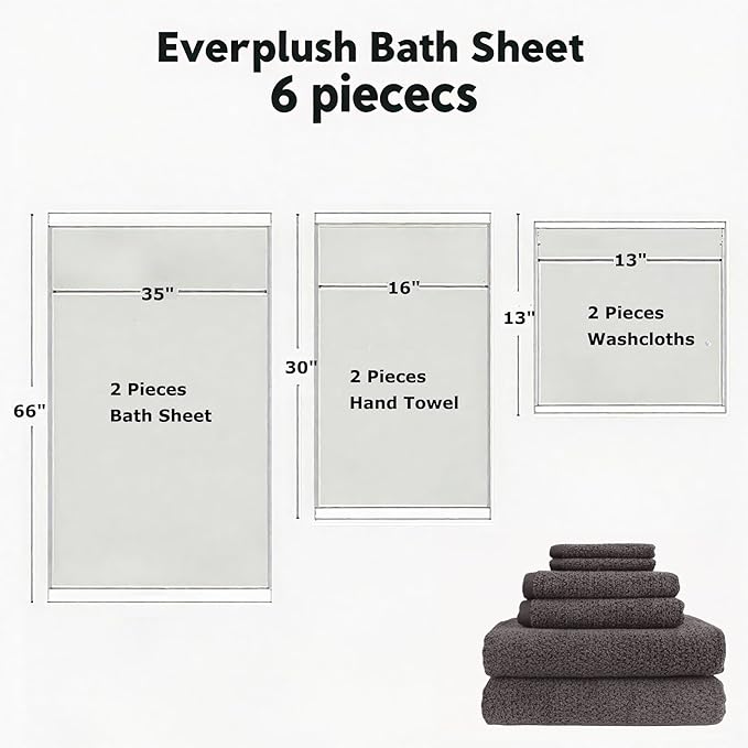 Everplush Diamond Collection 6-Piece Bath Sheet Set, Soft Plush Jacquard Luxury Bath Towels,Highly Absorbent & Fast-Drying Luxury Towels Sets for Bathroom,Shower, or Spa (Charcoal, Bath Sheet 6PK)