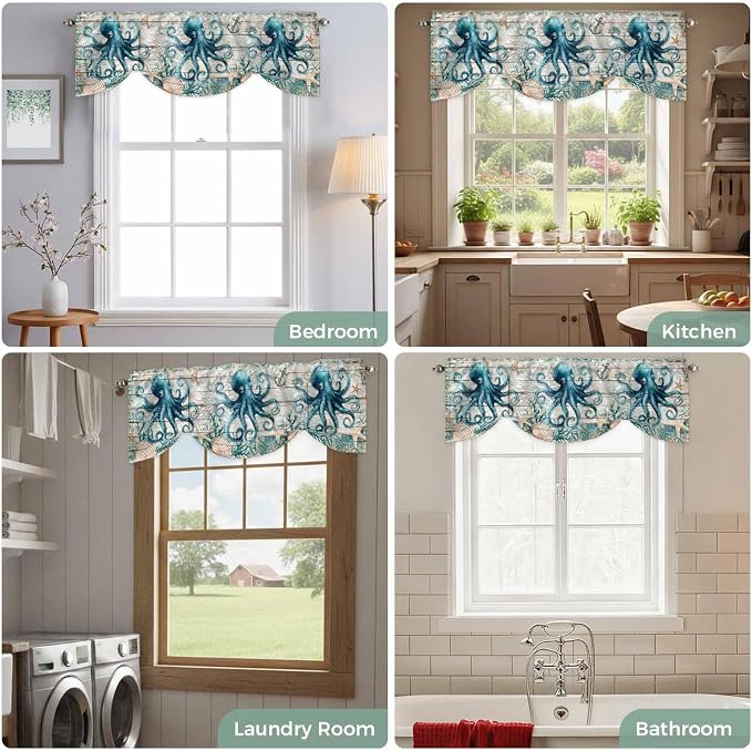 Sea Octopus Ocean Starfish Tie Up Valance Curtains, Nautical Anchor Vintage - Image 8