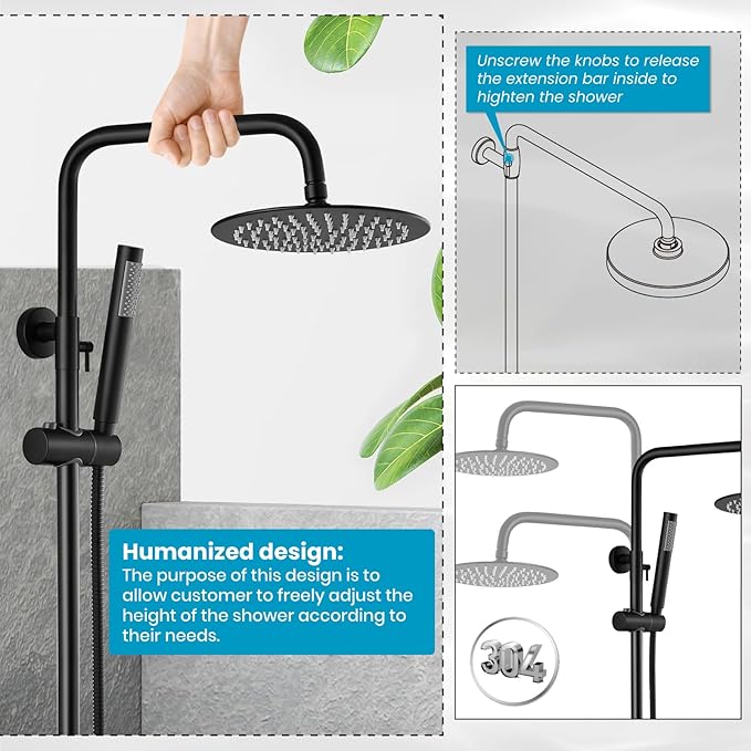 gotonovo Outdoor Shower Fixtures SUS304 Stainless Steel Rain Shower Kit Faucet High Pressure Wall Mount 2 Dual Function 8 Inch Showerhead and Handheld Spray Combo, Single Handle, Matte Black