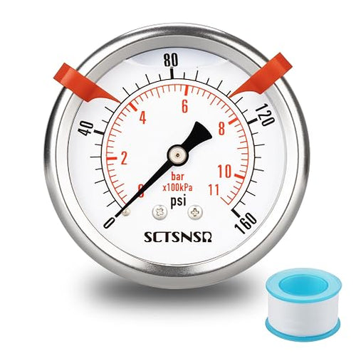 0 to 160 Psi Pressure Gauge, Glycerin Liquid Filled, 2.5 inch Dial, 1/4" NPT by SCTSNSR
