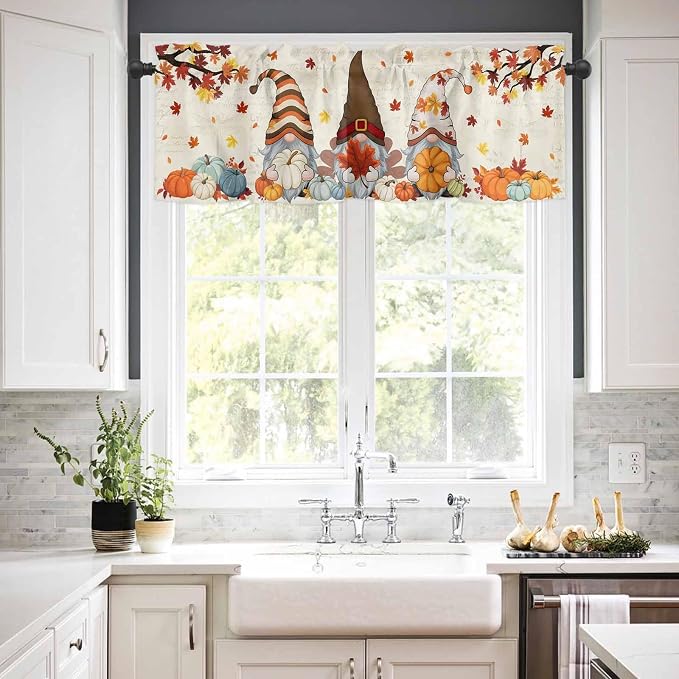 Fall Kitchen Curtain Set, Thanksgiving Gnomes Maple Leaf Pumpkin Beige Window - Image 3