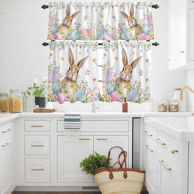 Kitchen Curtains Tiers and Valance Set of 3, Easter Light Filtering Window - Image 3