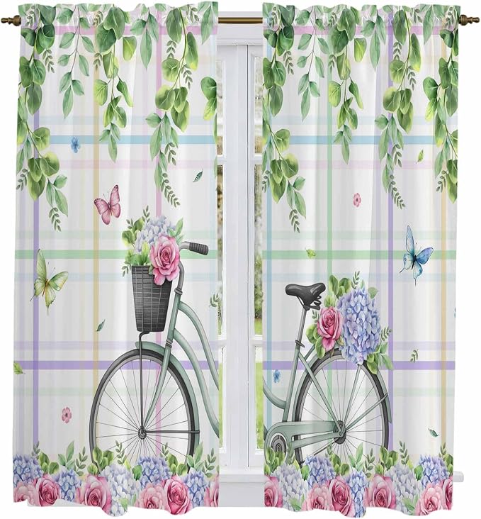 Spring Kitchen Curtains, Bicycles Botanical Leaves Rose Colorful Stripes Light by Unknown