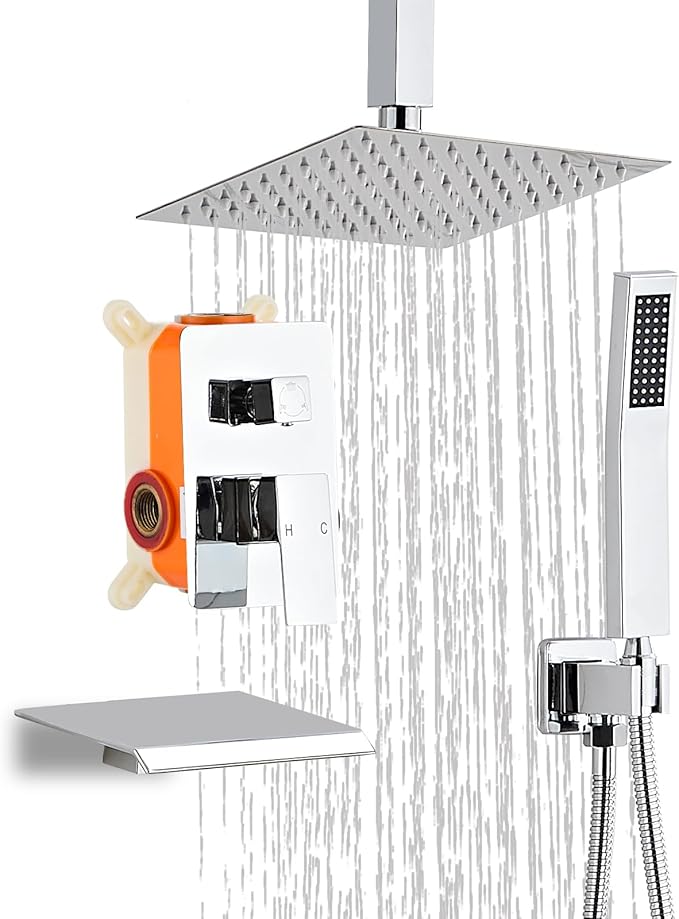 8 Inch Shower Faucet Set, Ceiling Mounted Rainfall Shower System with High Pressure Handheld Shower Head, Bathroom Mixer Rough-in Valve and Trim Shower Kit, Polished Chrome, with Tub Spout