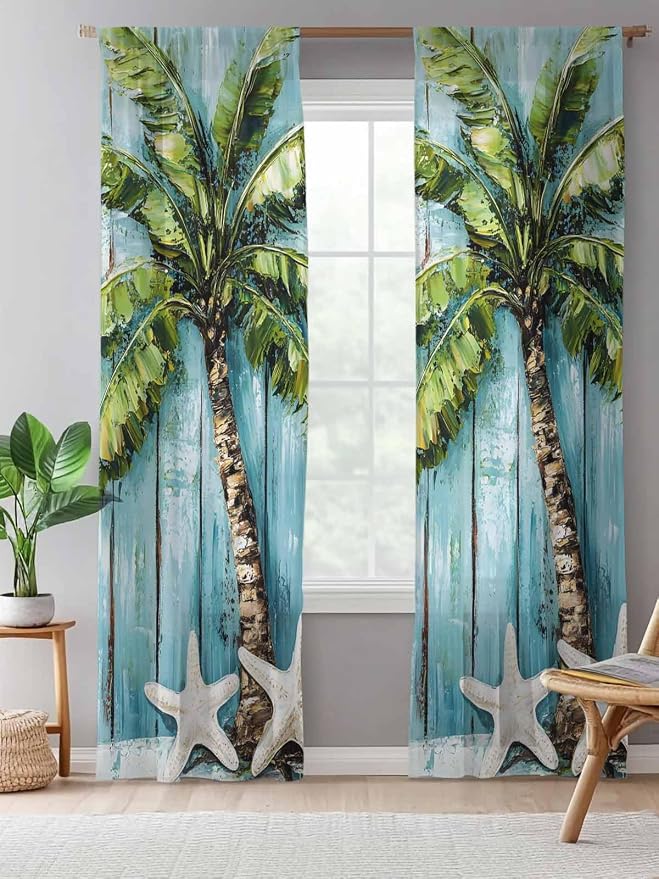 Sheer Curtains 84 Inches Long, Coastal Beach Starfish Semi Sheer Curtains Light - Image 5
