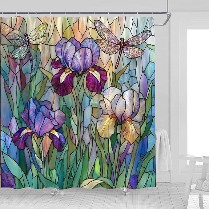 Stained Glass Shower Curtain Artistic Iris Dragonfly Purple Floral Green Leaves Abstract Nature Plant Spring Summer Modern Botanical Fabric Bathroom Decor Curtains with Hooks,35 x 70