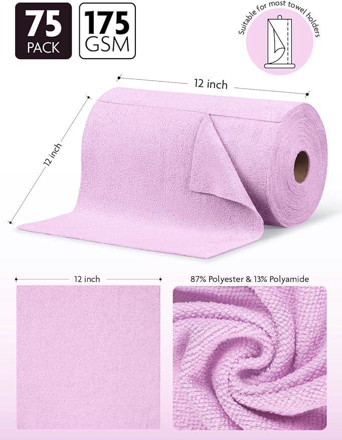 Fantasticlean Microfiber Cleaning Cloth Roll -75 pack, Tear Away Microfiber Towels, 12" x 12", Reusable, Washable, Scratch Free, Ultra Absorbent Dishcloth for Home Supplies, Car, Pet, Kitchen (Purple)